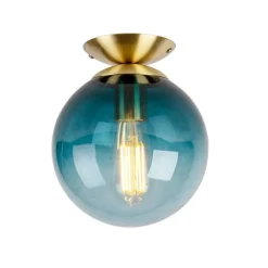 QAZQA Schlafzimmerlampen|Küchenlampen*Art Deco Deckenleuchte messing mit ozeanblauem Glaslampenschirm - Pallon