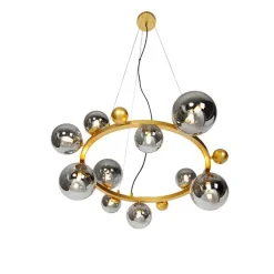 QAZQA Pendelleuchten|Wohnzimmerlampen*Art Deco Hängelampe Gold mit Rauchglas 12 Lichter - David