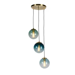 QAZQA Schlafzimmerlampen|Esszimmerlampen*Art Deco Hängelampe Messing mit blauem Glas - Pallon