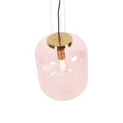 QAZQA Pendelleuchten|Wohnzimmerlampen*Art Deco Hängelampe Messing mit rosa Glas - Glückseligkeit