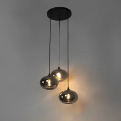 QAZQA Pendelleuchten|Wohnzimmerlampen*Art Deco Hängelampe schwarz 3-flammig mit Rauchglas - Busa