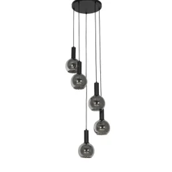 QAZQA Pendelleuchten|Wohnzimmerlampen*Art Deco Hängelampe schwarz mit Rauchglas rund 5-flammig - Josje