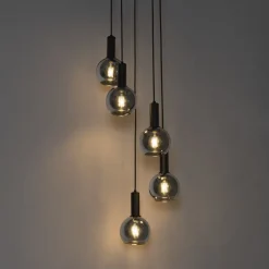 QAZQA Pendelleuchten|Wohnzimmerlampen*Art Deco Hängelampe schwarz mit Rauchglas rund 5-flammig - Josje