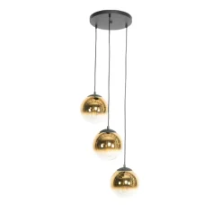 QAZQA Pendelleuchten|Wohnzimmerlampen*Art Deco Hängelampe schwarz mit Goldglas rund 3-flammig - Pallon