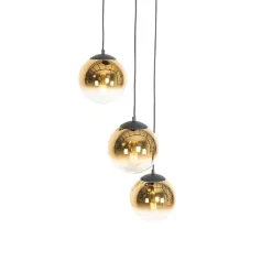 QAZQA Pendelleuchten|Wohnzimmerlampen*Art Deco Hängelampe schwarz mit Goldglas rund 3-flammig - Pallon
