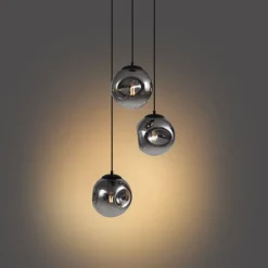QAZQA Schlafzimmerlampen|Küchenlampen*Art Deco Hängelampe Schwarz mit Rauchglas 3-flammig - Douglass