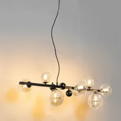 QAZQA Pendelleuchten|Wohnzimmerlampen*Art Deco Hängelampe schwarz mit braunem Glas 8 Lichter - David