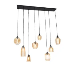 QAZQA Schlafzimmerlampen|Küchenlampen*Art Deco Hängelampe schwarz mit Bernsteinglas 8-flammig - Hanne