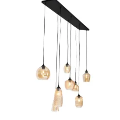 QAZQA Schlafzimmerlampen|Küchenlampen*Art Deco Hängelampe schwarz mit Bernsteinglas 8-flammig - Hanne