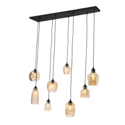 QAZQA Schlafzimmerlampen|Küchenlampen*Art Deco Hängelampe schwarz mit Bernsteinglas 8-flammig - Hanne