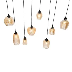 QAZQA Schlafzimmerlampen|Küchenlampen*Art Deco Hängelampe schwarz mit Bernsteinglas 8-flammig - Hanne