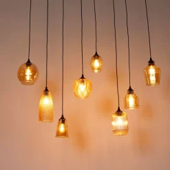 QAZQA Schlafzimmerlampen|Küchenlampen*Art Deco Hängelampe schwarz mit Bernsteinglas 8-flammig - Hanne