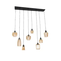 QAZQA Schlafzimmerlampen|Küchenlampen*Art Deco Hängelampe schwarz mit Bernsteinglas 8-flammig - Hanne