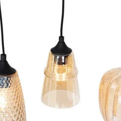 QAZQA Schlafzimmerlampen|Küchenlampen*Art Deco Hängelampe schwarz mit Bernsteinglas 8-flammig - Hanne