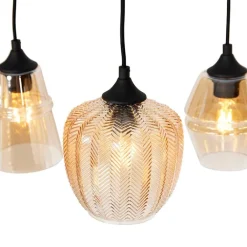 QAZQA Schlafzimmerlampen|Küchenlampen*Art Deco Hängelampe schwarz mit Bernsteinglas 8-flammig - Hanne