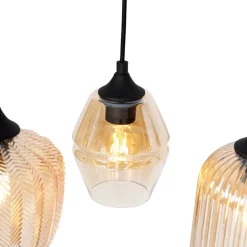 QAZQA Schlafzimmerlampen|Küchenlampen*Art Deco Hängelampe schwarz mit Bernsteinglas 8-flammig - Hanne