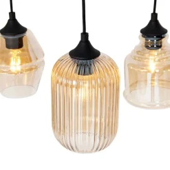 QAZQA Schlafzimmerlampen|Küchenlampen*Art Deco Hängelampe schwarz mit Bernsteinglas 8-flammig - Hanne