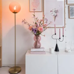 QAZQA Stehlampen|Wohnzimmerlampen*Art Deco Stehlampe Messing mit rosa Glas - Pallon Mezzi