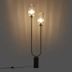QAZQA Stehlampen|Wohnzimmerlampen*Art Deco Stehleuchte schwarz mit Rauchglas 2-flammig - Rid