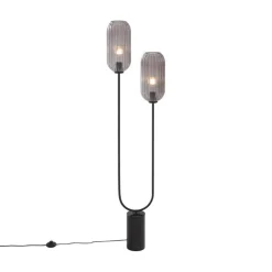 QAZQA Stehlampen|Wohnzimmerlampen*Art Deco Stehleuchte schwarz mit Rauchglas 2-flammig - Rid