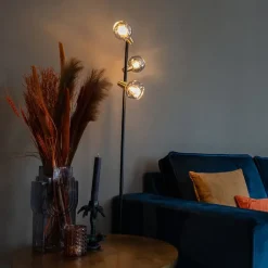 QAZQA Stehlampen|Wohnzimmerlampen*Art Deco Stehleuchte schwarz und gold mit Rauchglas 3-Licht - Vidro
