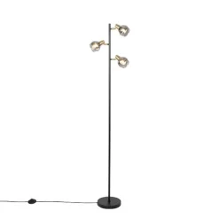 QAZQA Stehlampen|Wohnzimmerlampen*Art Deco Stehleuchte schwarz und gold mit Rauchglas 3-Licht - Vidro