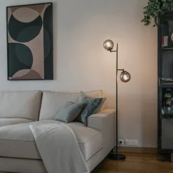 QAZQA Stehlampen|Wohnzimmerlampen*Art Deco Stehleuchte schwarz mit Rauchglas 2-Licht - Pallon