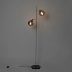 QAZQA Stehlampen|Wohnzimmerlampen*Art Deco Stehleuchte schwarz mit Rauchglas 2-Licht - Pallon