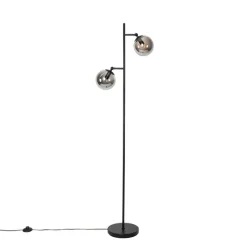 QAZQA Stehlampen|Wohnzimmerlampen*Art Deco Stehleuchte schwarz mit Rauchglas 2-Licht - Pallon