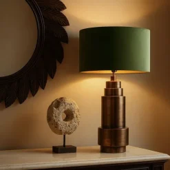 QAZQA Schlafzimmerlampen|Wohnzimmerlampen*Art Deco Tischlampe Bronze Veloursschirm grün mit Gold 50cm - Bruut