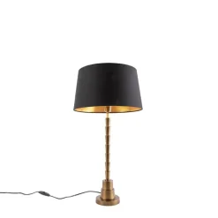 QAZQA Tischlampen|Wohnzimmerlampen*Art Deco Tischlampe Bronze mit Baumwollschirm schwarz 35 cm - Pisos