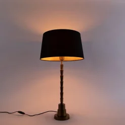QAZQA Tischlampen|Wohnzimmerlampen*Art Deco Tischlampe Bronze mit Baumwollschirm schwarz 35 cm - Pisos