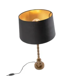 QAZQA Tischlampen|Wohnzimmerlampen*Art Deco Tischlampe Bronze mit Baumwollschirm schwarz 35 cm - Pisos
