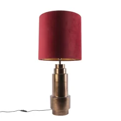 QAZQA Tischlampen|Wohnzimmerlampen*Art Deco Tischlampe Bronze Veloursschirm Rot mit Gold 50cm - Bruut