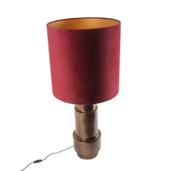 QAZQA Tischlampen|Wohnzimmerlampen*Art Deco Tischlampe Bronze Veloursschirm Rot mit Gold 50cm - Bruut