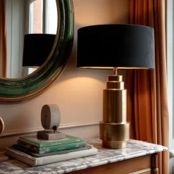 QAZQA Tischlampen|Wohnzimmerlampen*Art Deco Tischlampe Bronze Veloursschirm schwarz mit Gold 50cm - Bruut