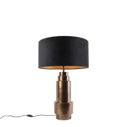 QAZQA Tischlampen|Wohnzimmerlampen*Art Deco Tischlampe Bronze Veloursschirm schwarz mit Gold 50cm - Bruut