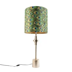 QAZQA Tischlampen|Wohnzimmerlampen*Art Deco Tischlampe Gold Samt Schatten Pfau Design 40 cm - Diverso