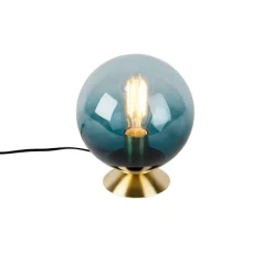 QAZQA Tischlampen|Wohnzimmerlampen*Art Deco Tischlampe Messing mit blauem Glas - Pallon