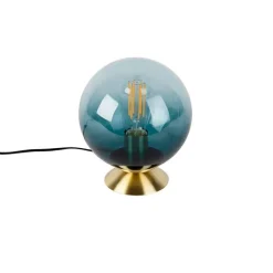 QAZQA Tischlampen|Wohnzimmerlampen*Art Deco Tischlampe Messing mit blauem Glas - Pallon