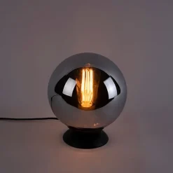 QAZQA Lampen Für Dein Homeoffice|Schlafzimmerlampen*Art Deco Tischlampe schwarz mit Rauchglas - Pallon