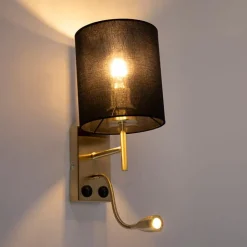 QAZQA Wandleuchten|Wohnzimmerlampen*Art Deco Wandlampe Gold mit schwarzem Baumwollschirm - Stacca