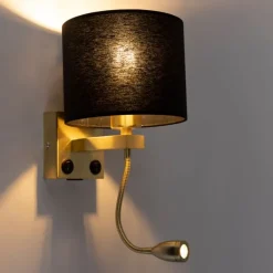 QAZQA Wandleuchten|Wohnzimmerlampen*Art Deco Wandlampe Gold mit USB und schwarzem Schirm - Brescia