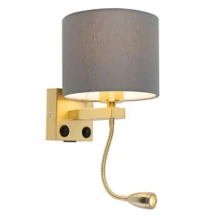 QAZQA Wandleuchten|Wohnzimmerlampen*Art Deco Wandlampe Gold mit USB und grauem Schirm - Brescia