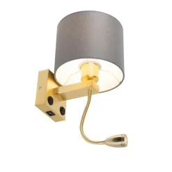 QAZQA Wandleuchten|Wohnzimmerlampen*Art Deco Wandlampe Gold mit USB und grauem Schirm - Brescia