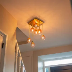 QAZQA Deckenleuchten|Esszimmerlampen*Art-Deco-Deckenlampe Gold mit rosa Glas 9 Lichter - Athen