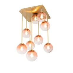 QAZQA Deckenleuchten|Esszimmerlampen*Art-Deco-Deckenlampe Gold mit rosa Glas 9 Lichter - Athen