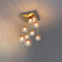 QAZQA Deckenleuchten|Esszimmerlampen*Art-Deco-Deckenlampe Gold mit rosa Glas 9 Lichter - Athen