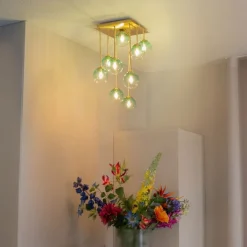 QAZQA Deckenleuchten|Wohnzimmerlampen*Art-Deco-Deckenlampe Gold mit grünem Glas 9 Lichter - Athen