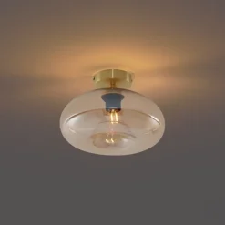 QAZQA Schlafzimmerlampen|Küchenlampen*Art-Deco-Deckenleuchte Messing mit Bernsteinglas - Busa